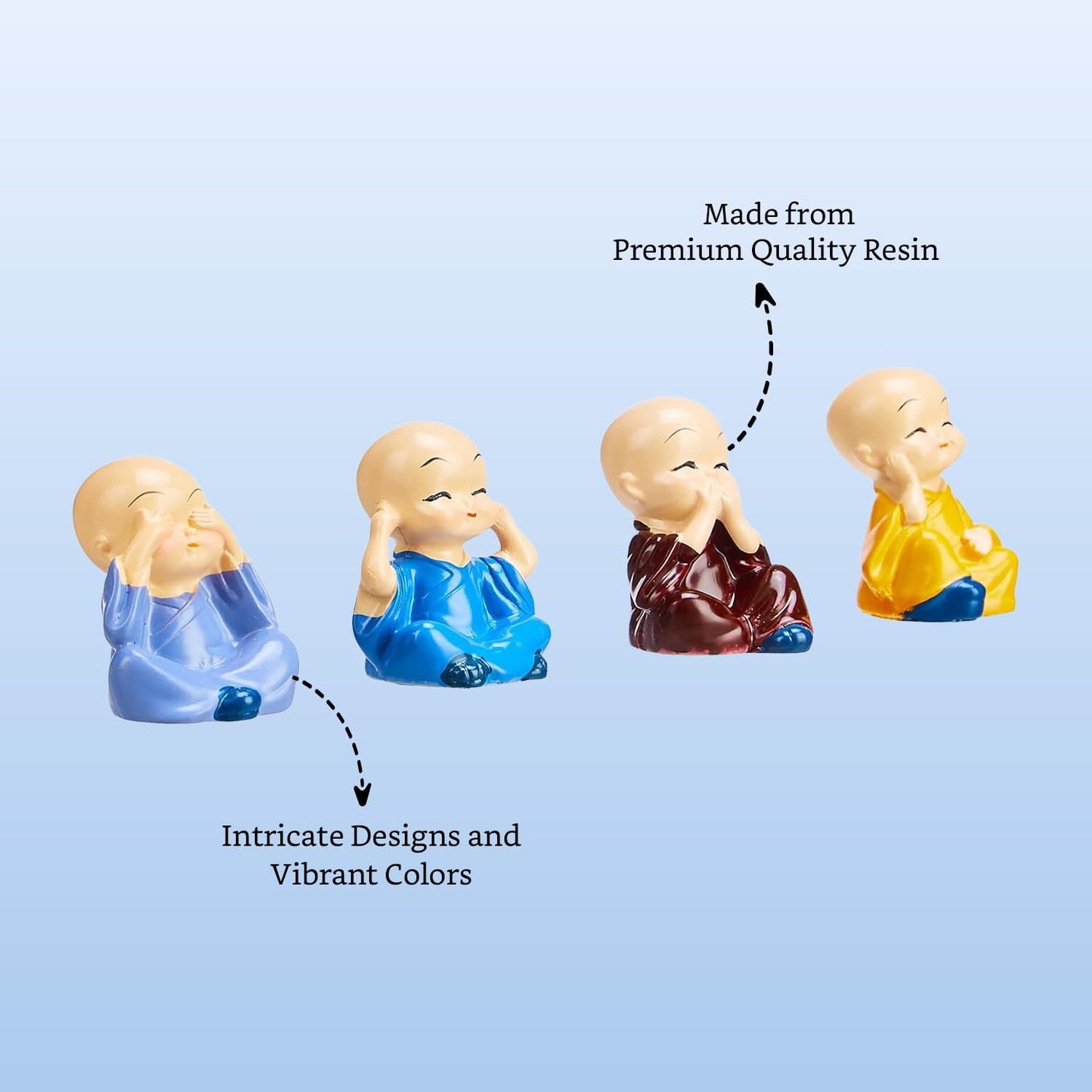 Set of 4 Buddha Monk Figurines – Cute Mini Idols for Home Decor, Car Dashboard & Tabletop Decoration