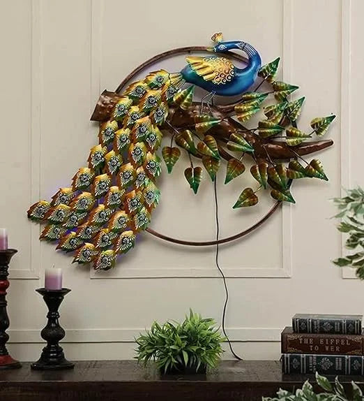 LED Wall Art Peacock Metal Decor, Floral Design with Colour Changing Lights, Round Frame