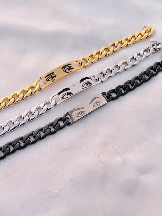 Customised Eye Bracelet – Personalized with Your Eye Sketch – Stainless Steel – Adjustable – Available in Gold, Silver & Black
