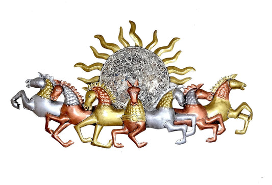 Metal Seven Running Horses with Sunrise Wall Hanging Decor for Home, Living Room (58 * 37 Inches)