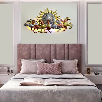 Metal Seven Running Horses with Sunrise Wall Hanging Decor for Home, Living Room (58 * 37 Inches)