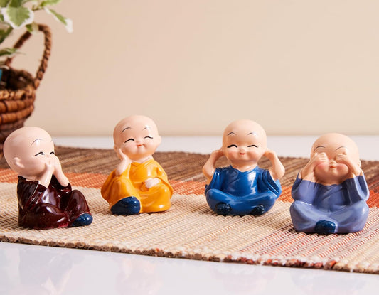 Set of 4 Buddha Monk Figurines – Cute Mini Idols for Home Decor, Car Dashboard & Tabletop Decoration