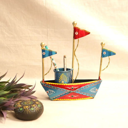 Antique Boat Pen Stand | Hand-Painted Desk Organizer