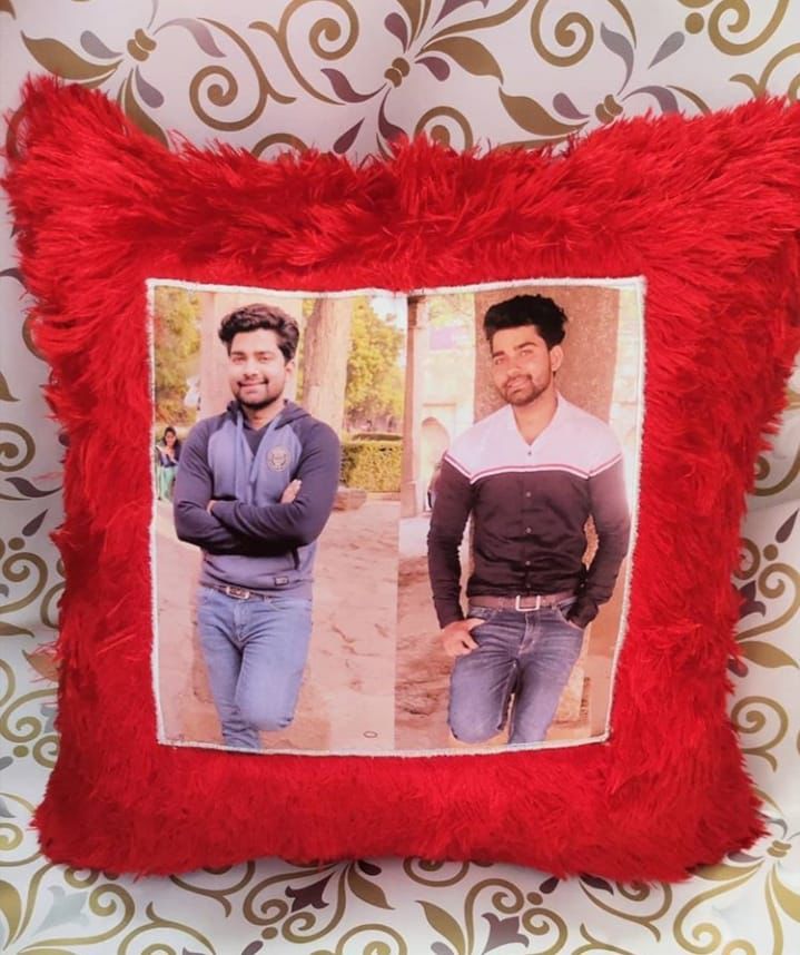 🛏️ Customized Red Fur Photo Pillow 16x16 Inch – Soft & Plush | Personalized Gift with Sublimation Photo Print