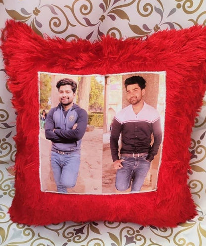 🛏️ Customized Red Fur Photo Pillow 16x16 Inch – Soft & Plush | Personalized Gift with Sublimation Photo Print