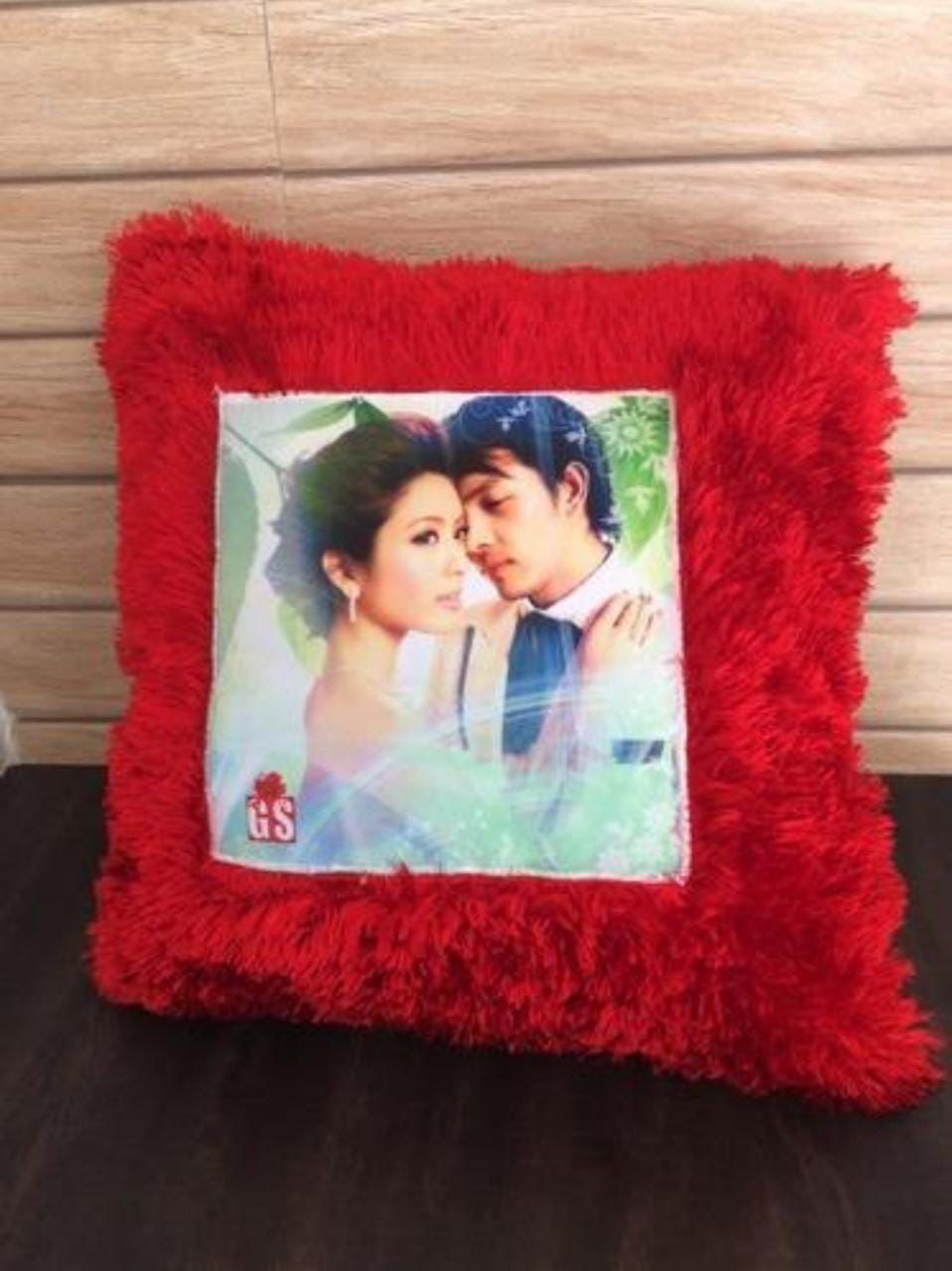 🛏️ Customized Red Fur Photo Pillow 16x16 Inch – Soft & Plush | Personalized Gift with Sublimation Photo Print