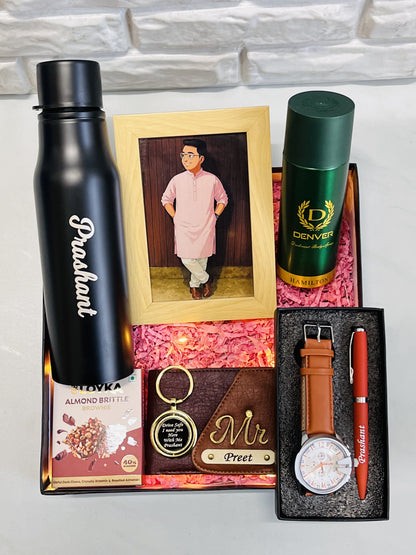 Customized Men's Gift Hamper with Ghibli Art Frame – Personalized Gift Set for Him