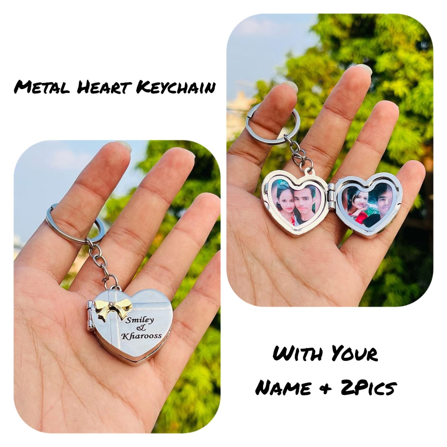 CUSTOMIZE HEART KEYCHAIN – PERSONALIZED WITH YOUR NAME; 2 PHOTOS | METAL FINISH