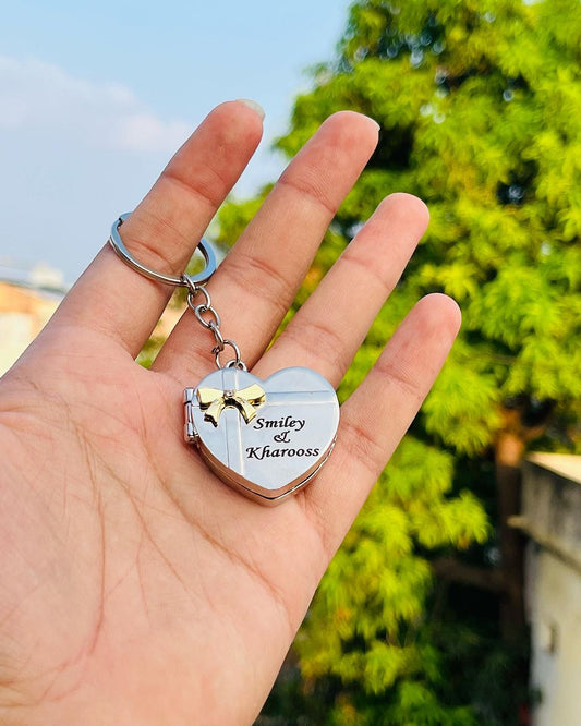 CUSTOMIZE HEART KEYCHAIN – PERSONALIZED WITH YOUR NAME; 2 PHOTOS | METAL FINISH