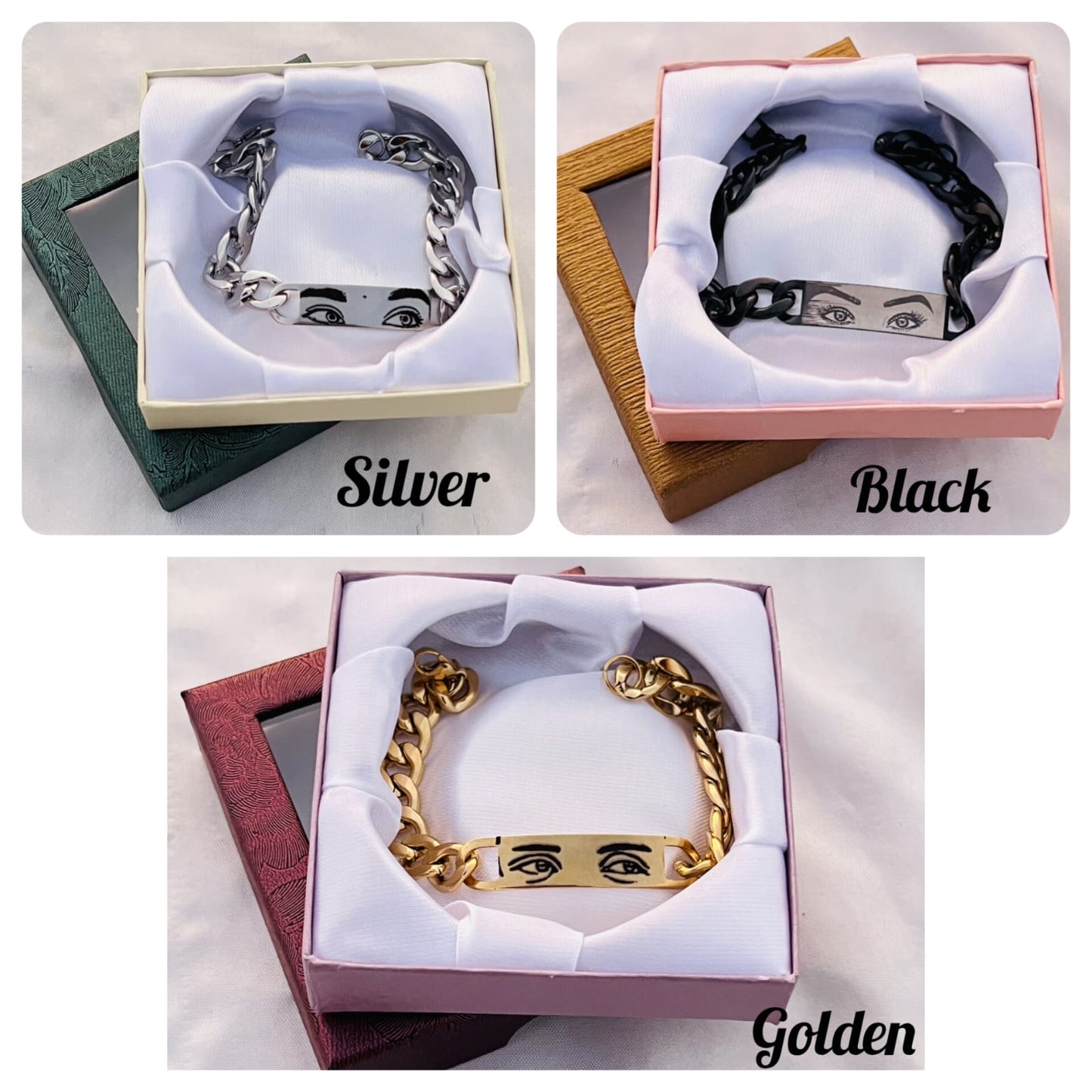 Customised Eye Bracelet – Personalized with Your Eye Sketch – Stainless Steel – Adjustable – Available in Gold, Silver & Black