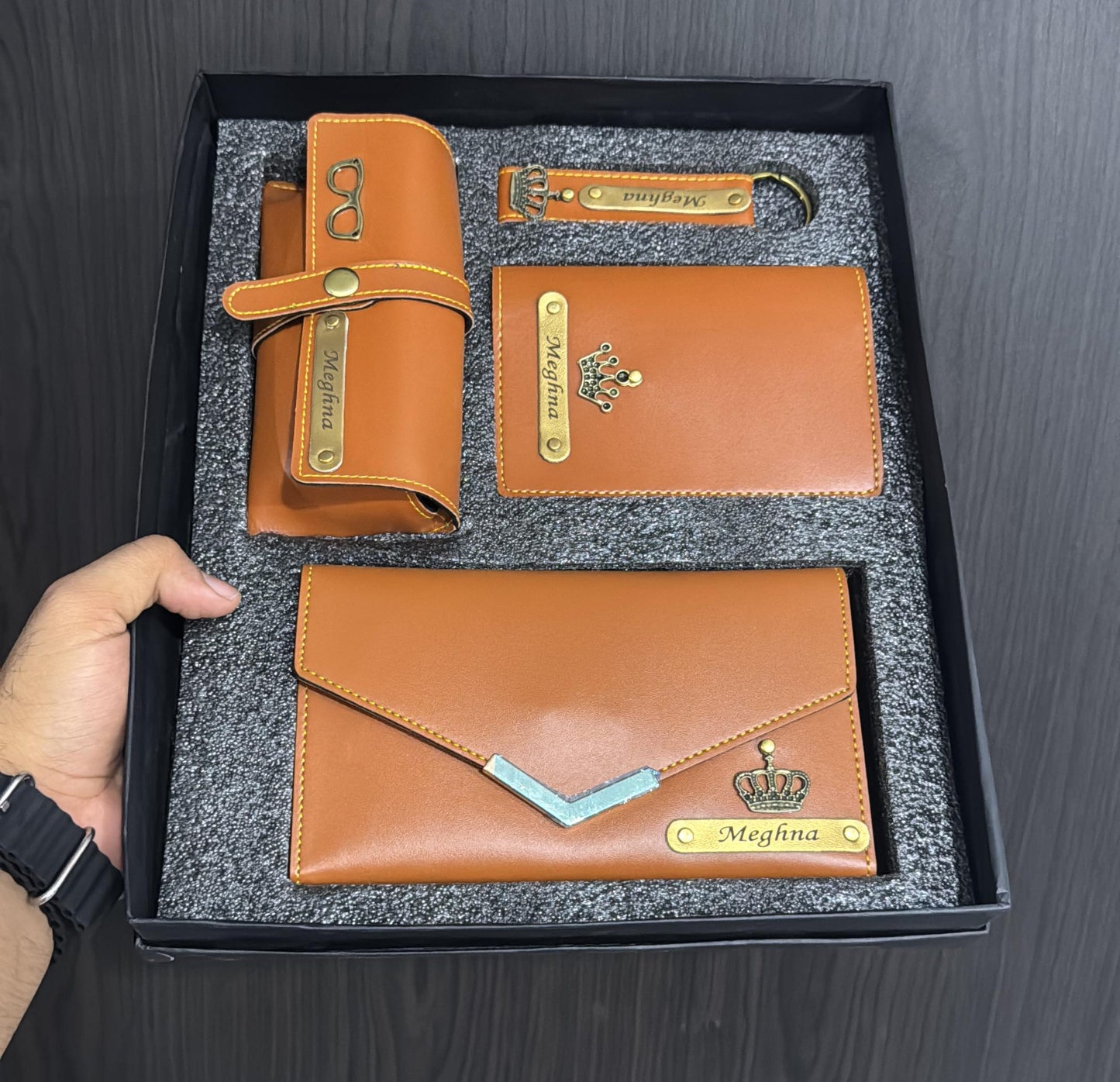 Customize Women's 4 Piece Gift Combo | Personalized Faux Leather Wallet, Keychain, Card Holder & Pouch