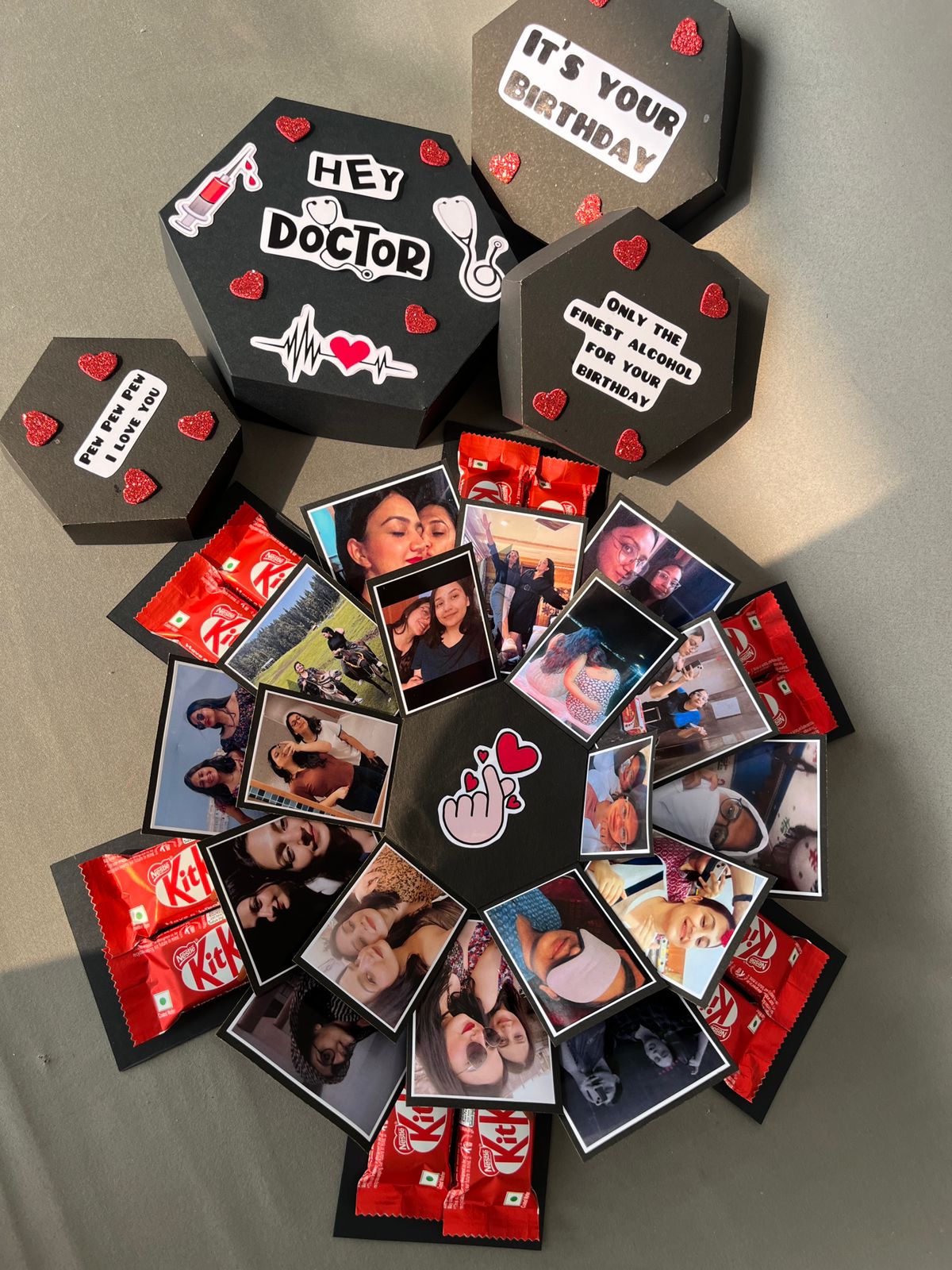 Hexagon Explosion Photo Box with 18 Custom Photos & 12 KitKat Chocolates | 7x7 Inches Surprise Gift Box
