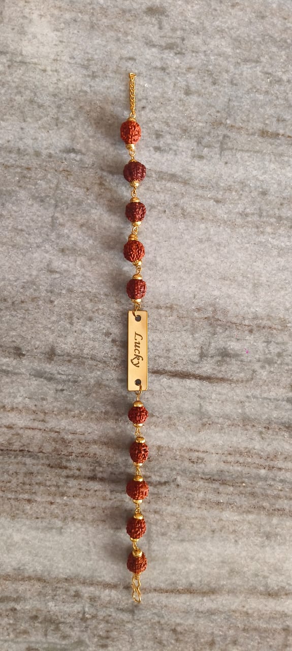 Customized Name Metal Engraved Rudraksha Rakhi – Personalized Raksha Bandhan Gift by ClickNGreet