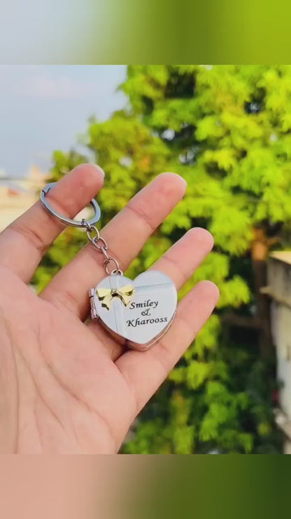 CUSTOMIZE HEART KEYCHAIN – PERSONALIZED WITH YOUR NAME; 2 PHOTOS | METAL FINISH