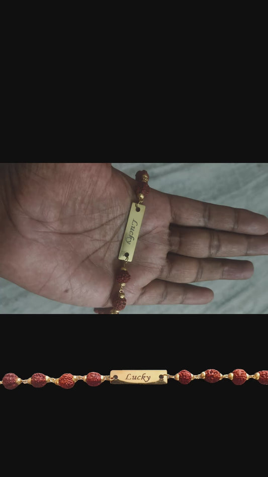 Customized Name Metal Engraved Rudraksha Rakhi – Personalized Raksha Bandhan Gift by ClickNGreet