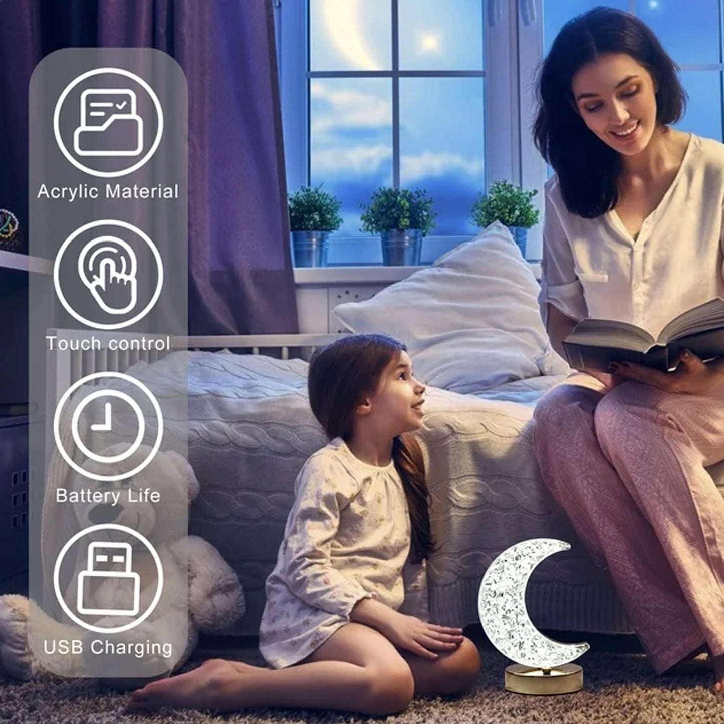 MoonGlow Crystal Touch Lamp – 3-Color Dimmable Night Light
